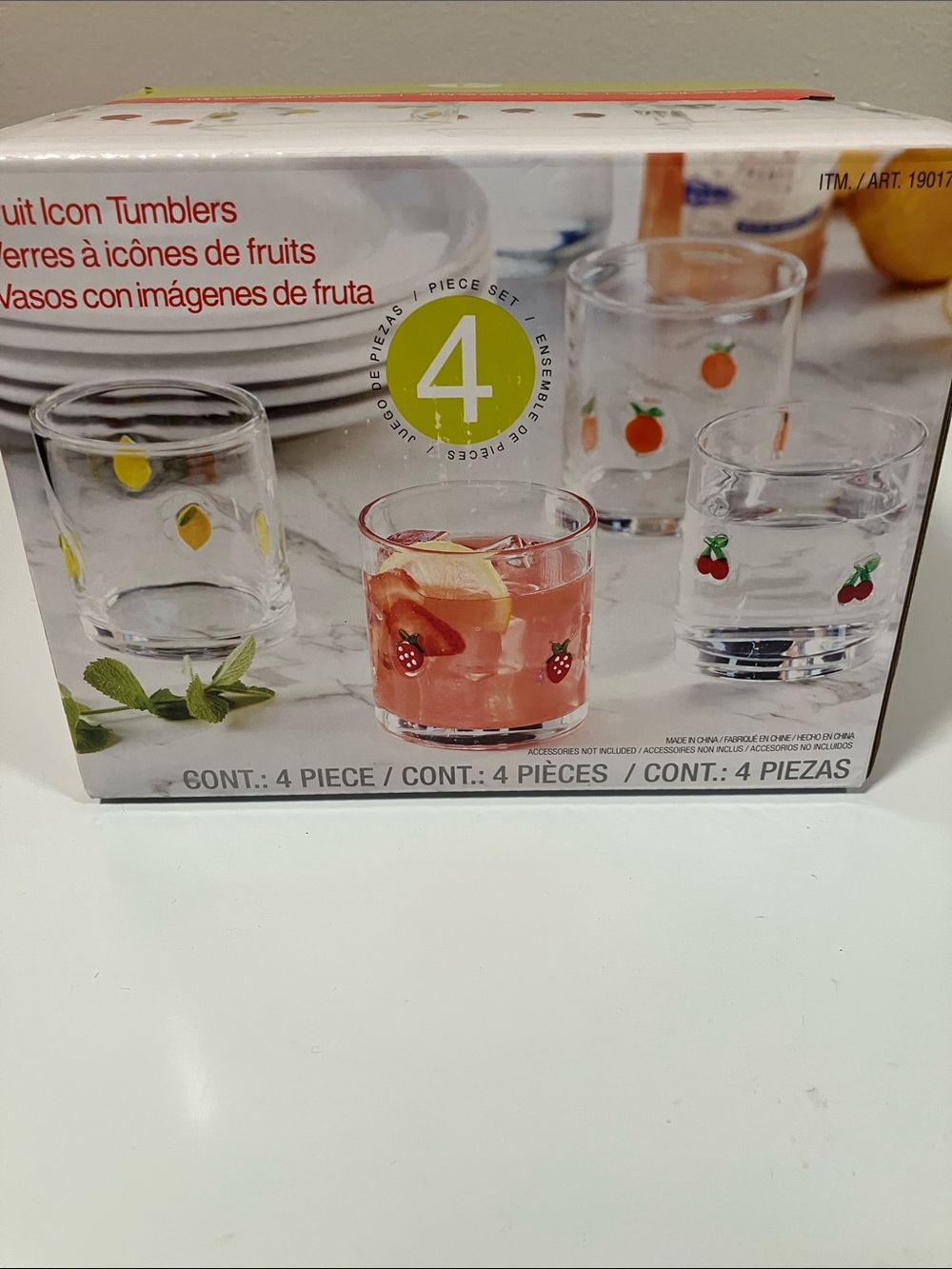Fruit Icon Tumbler Glasses - Set of 4 (Mixed Fruit Pattern) 14 oz each